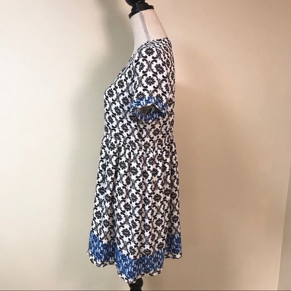 THML Medium Short Sleeve Embroidered Babydoll Dress White Blue Multi - Picture 4 of 8